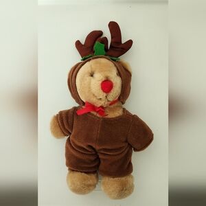 Plush Teddy Bear Wearing Reindeer Costume With Antlers & Red Nose